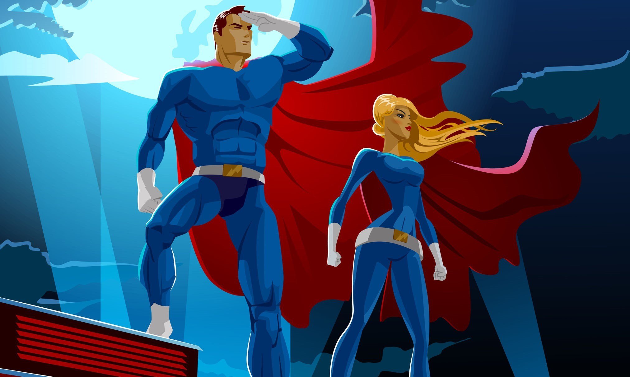 Superhero Couple. Male and female superheroes. Cloudy sky. 