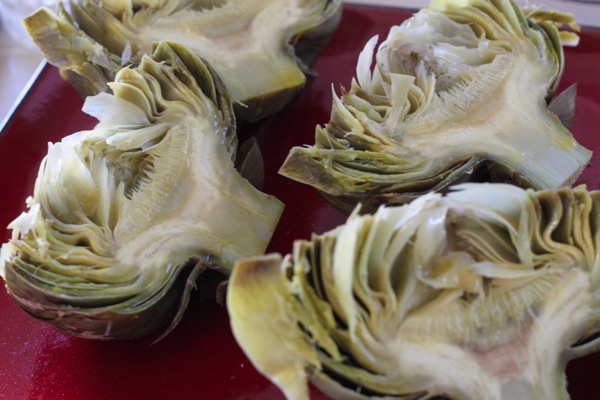 boiled, halved artichokes